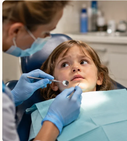 A young girl in the dentist's chair looks unsure as the dentist holds a small mirror.