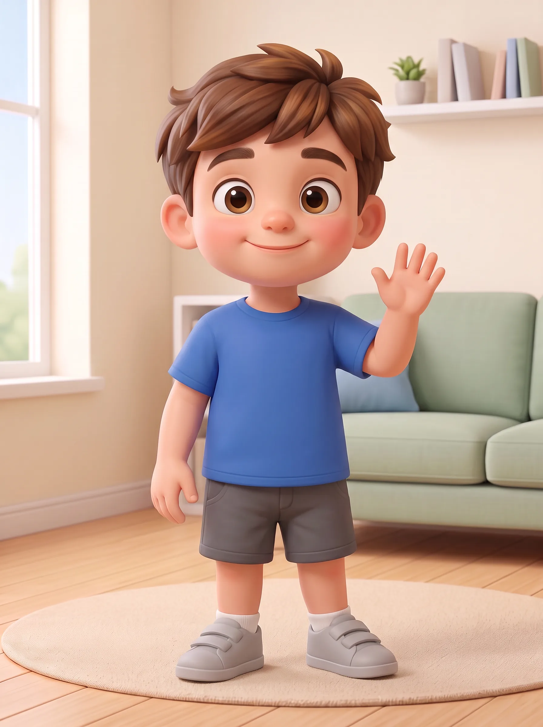 Lucas stands on the rug in the living room, smiling and waving hello.