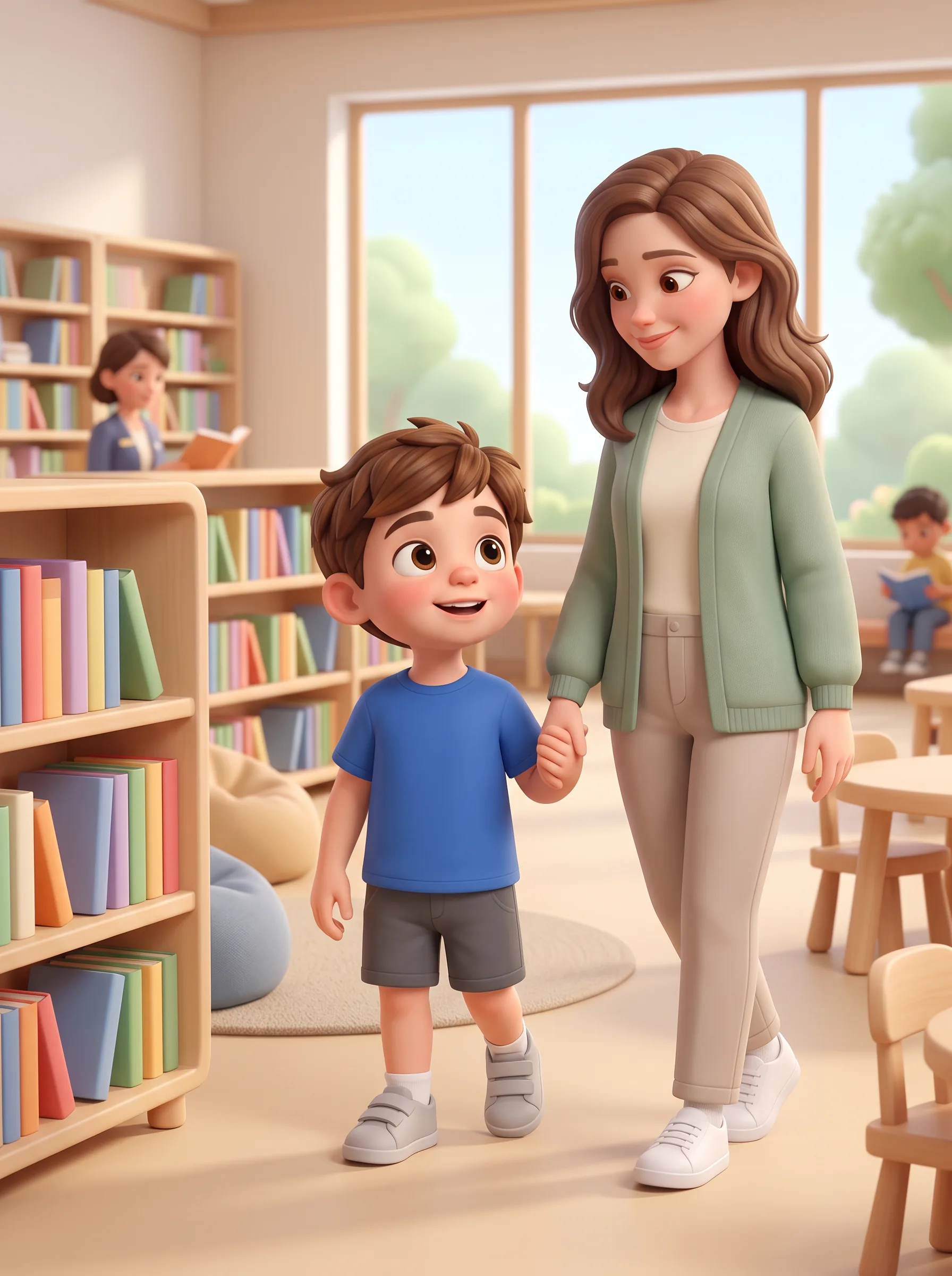 Lucas and Mum walk into a children's library for the first time.