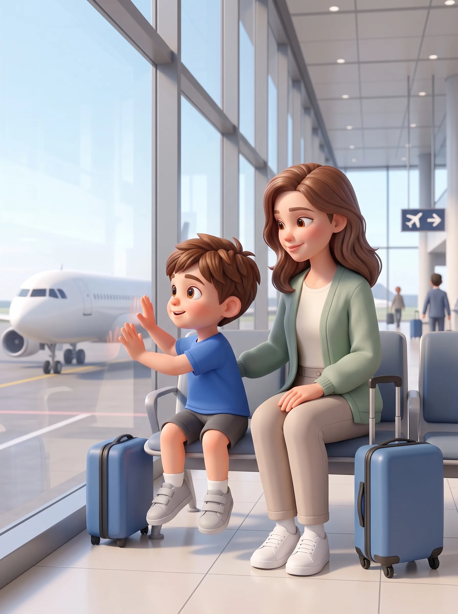 Lucas looks at a plane through the big window at the airport gate.